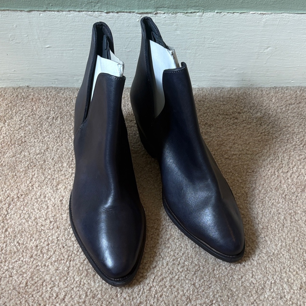 Free People deep midnight navy blue Leather Ankle Booties with Low Block Heel